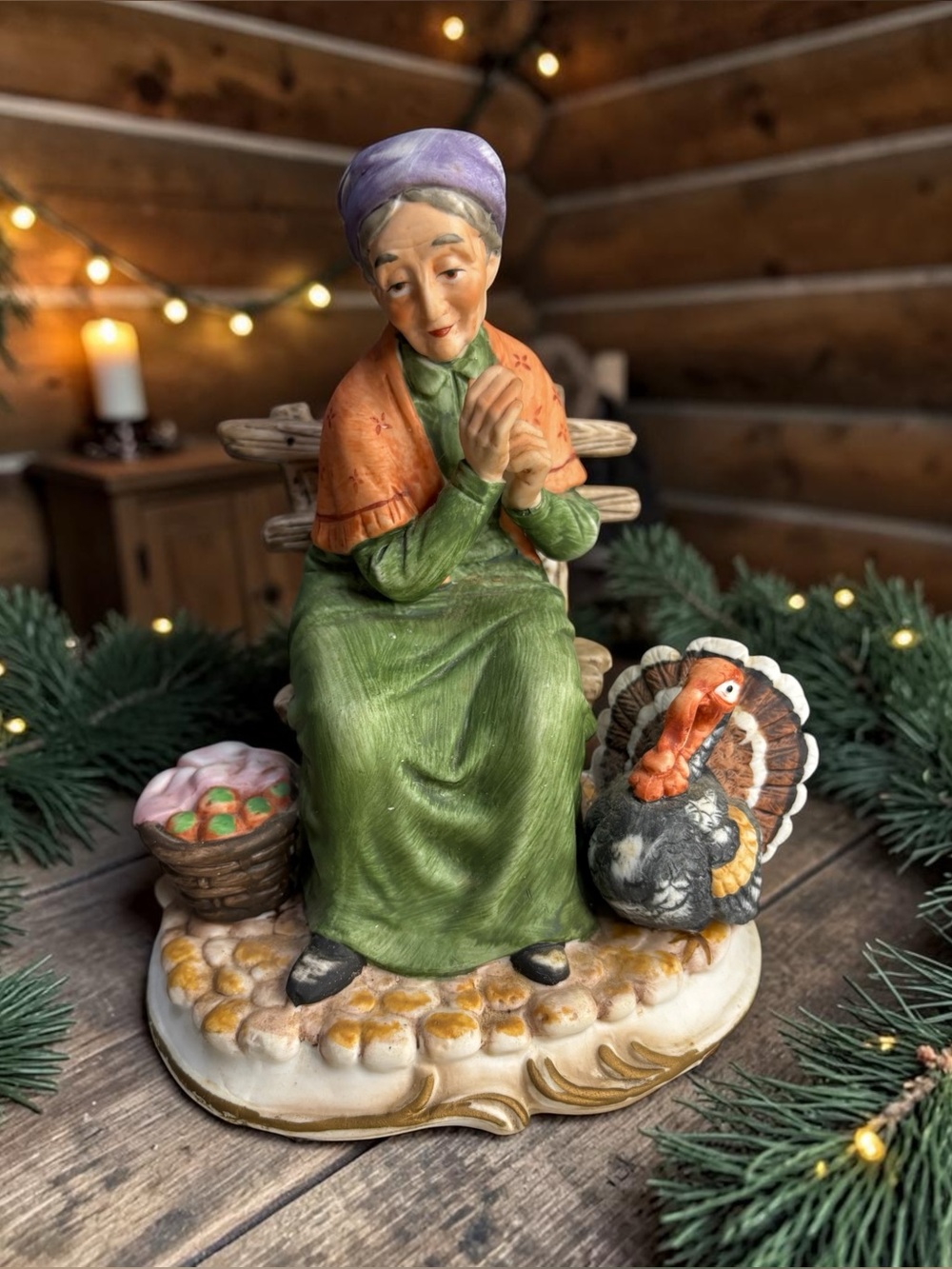 Vintage Lefton Hand Painted Porcelain China Elder Woman Bench Turkey Basket